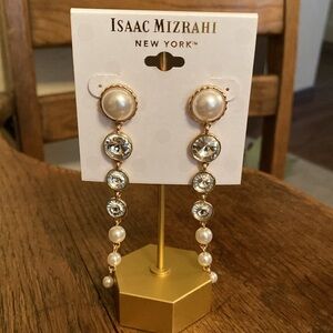 Isaac Mizrahi "Pearl" & Rhinestone Long Drop/Dangle Earrings NWT